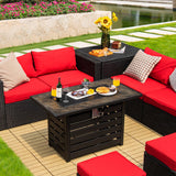 Outdoor patio set with red cushions and a black table, surrounded by a garden. 42 Inch 50000 BTU Propane Fire Pit Table with Ore Powder Surface
