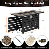 Outdoor fire pit table with dimensions and included items listed.