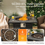 Outdoor fire pit table with flames, surrounded by chairs and drinks, with text about heat output and safety.