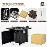 Product dimensions and components of a propane heater with labels and measurements.
