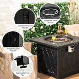Outdoor fire pit table with features highlighted, including a stainless steel burner, magnetic door holder, convenient door handle, and adjustable foot pad.