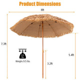 Beige patio umbrella with dimensions and weight information on a white background