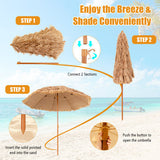 Step-by-step guide on how to set up a thatched beach umbrella with a beach background.