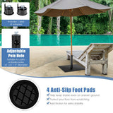 Outdoor umbrella with adjustable pole hole and anti-slip foot pads near a poolside setting.