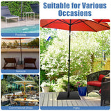 Collage of outdoor settings with a red patio umbrella, suitable for poolside, terrace, commercial shop, and patio.