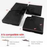 Black patio umbrella stand components with dimensions and compatibility information on a white background