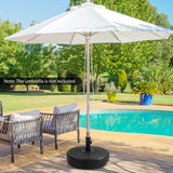 White patio umbrella base on a wooden deck with chairs and a pool in the background
