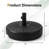 Black patio umbrella base with dimensions labeled on a white background