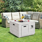 34 Inch Square Concrete Propane Fire Pit Table with Lava Rocks and Cover 50 000 BTU-Gray with sectional sofa and coffee table in a garden setting