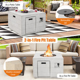 34 Inch Square Concrete Propane Fire Pit Table with Lava Rocks and Cover 50 000 BTU-Gray with weather-resistant cover on a patio setting