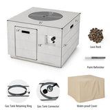 Outdoor fire pit with dimensions, accessories like lava rock, paint refinisher, gas tank retaining ring, gas tank connector, and waterproof cover on a white background.