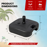 Black patio umbrella base with dimensions and fill capacity details on a beach-themed background