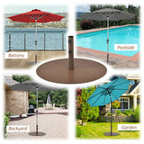 Collage of outdoor umbrellas in different settings: balcony, poolside, backyard, and garden.