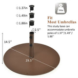 Brown umbrella base with measurements and weight information on a white background