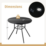 Black round table with dimensions labeled on a white background