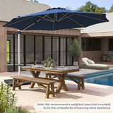 Outdoor patio set with wooden table, chairs, and large blue umbrella by a poolside.