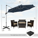 Outdoor patio set with a large navy blue umbrella and wicker chairs, with measurements indicated.