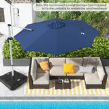 Blue outdoor umbrella with a weighted base over a patio set by a pool.