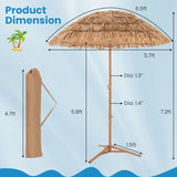 Measurement chart of a thatched umbrella with dimensions on a blue background