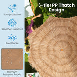 6-tier PP Thatch Design umbrella with sun-protection features and people using it outdoors.