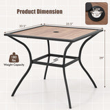 Square table with dimensions and weight capacity displayed on a tiled background