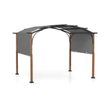 Outdoor canopy structure with gray cover and wooden frame on a white background
