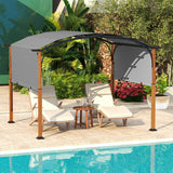 Outdoor gazebo with chairs and table by a poolside