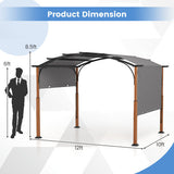 Gazebo with dimensions shown using a person for scale on a white background