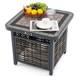 Square side table with mosaic top and wicker base, featuring a basket of fruit and a cup.