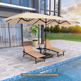 Beige patio umbrella over lounge chairs by a poolside with a modern building in the background.