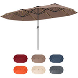 Brown patio umbrella with color swatches below on a white background