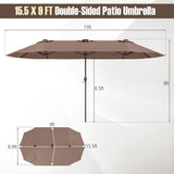 Brown double-sided patio umbrella with dimensions on a white background