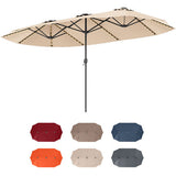 Beige patio umbrella with color swatches below on a white background