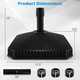 Black outdoor umbrella base with dimensions on a white background