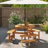 6-Person Round Picnic Table Set with 3 Built-in Benches and Umbrella Hole-Brown