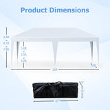 Measurement chart of a white canopy tent with dimensions labeled on a light blue background.