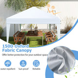White outdoor canopy with a patio setting in the background, featuring 150D Oxford Fabric text.