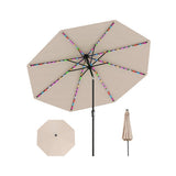 Beige patio umbrella with colorful spokes on a white background
