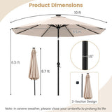Beige patio umbrella with dimensions and design features on a beige background