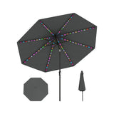 Black patio umbrella with colorful LED lights on a white background