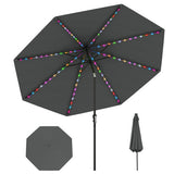 Black patio umbrella with colorful LED lights on a white background