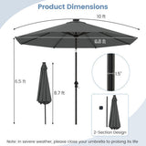 Measurement chart of a 10-foot outdoor umbrella with dimensions and features.