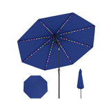 Blue patio umbrella with colorful LED lights on a white background