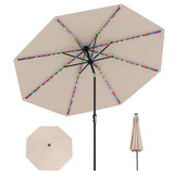 Beige patio umbrella with colorful string lights on a white background