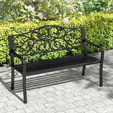 50 Inches Outdoor Garden Bench with Floral Design Backrest and Slatted Seat-Black