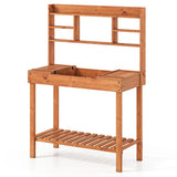 Wooden Potting Bench Table  61" Garden Planting Workstation with 3-Tier Open Shelf-Brown