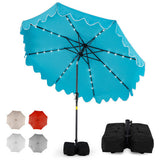 Blue patio umbrella with LED lights on a white background, featuring additional color options and storage bag.