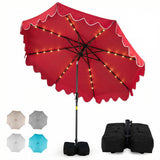 Red patio umbrella with LED lights on a white background, featuring additional color options and an umbrella cover.