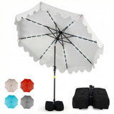 White patio umbrella with LED lights on a white background, surrounded by other colored umbrellas.