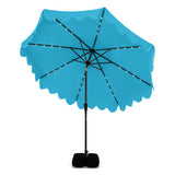 Blue patio umbrella with LED lights on a white background